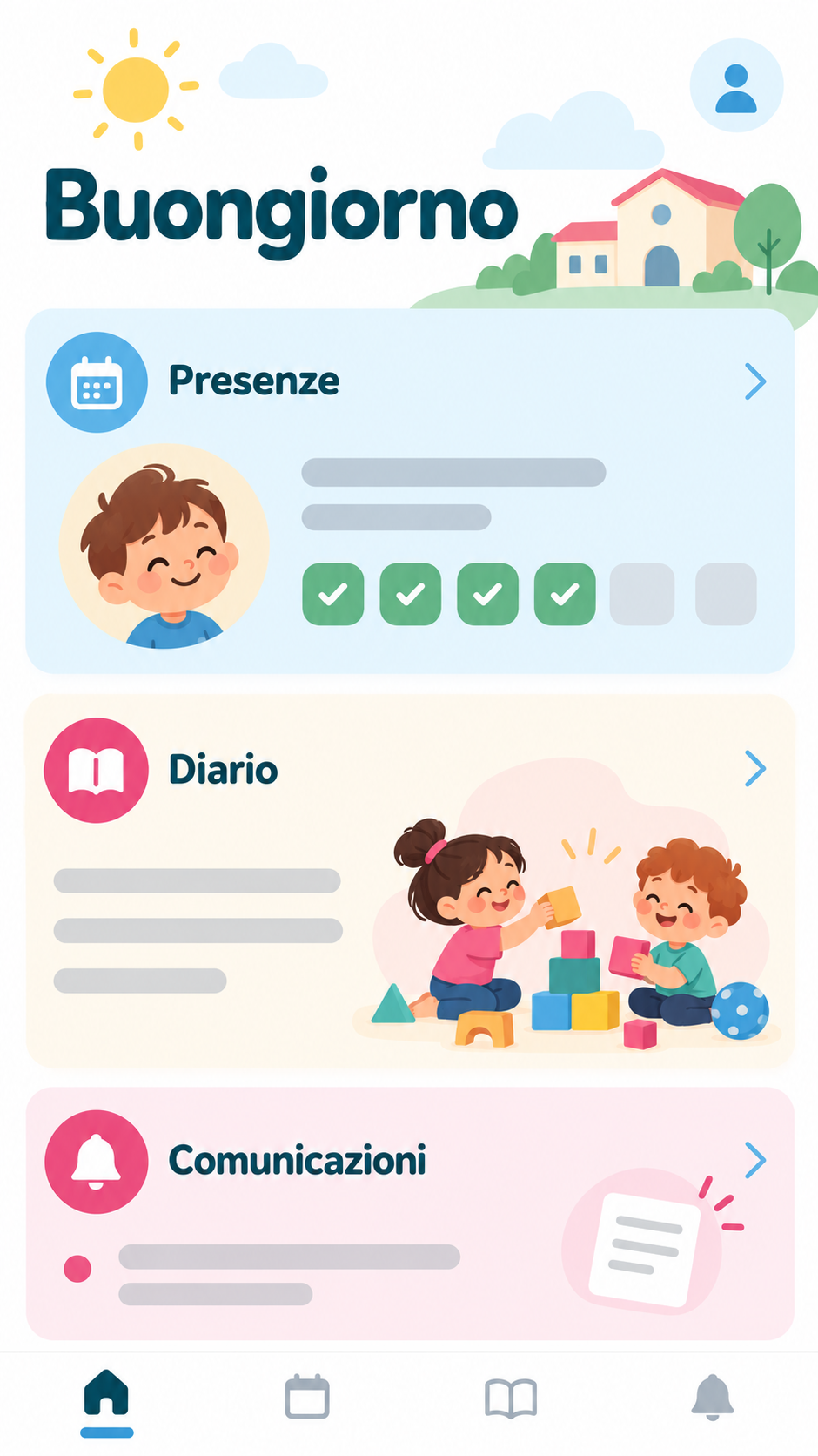 Mockup illustrativo della schermata iniziale di KitApp con presenze, diario e comunicazioni